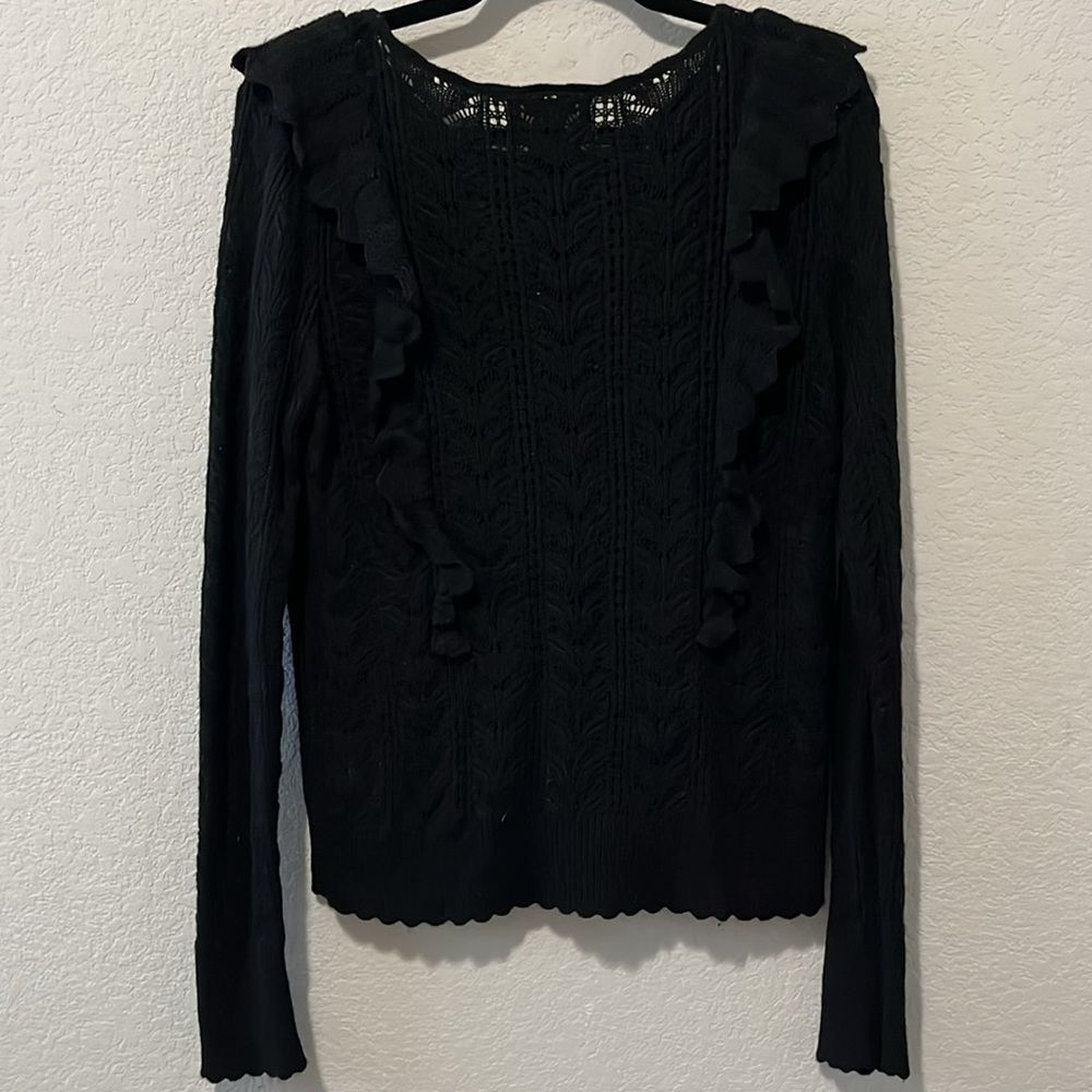 RACHEL PARCELL Black Pointelle Ruffle Lacy Knit Pullover Sweater, Size XL - Picture 9 of 11
